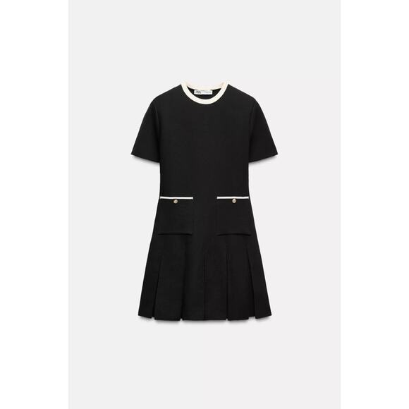 Zara Black White Gold Button Knit Box Pleat Mini Dress Size Small - Picture 4 of 15